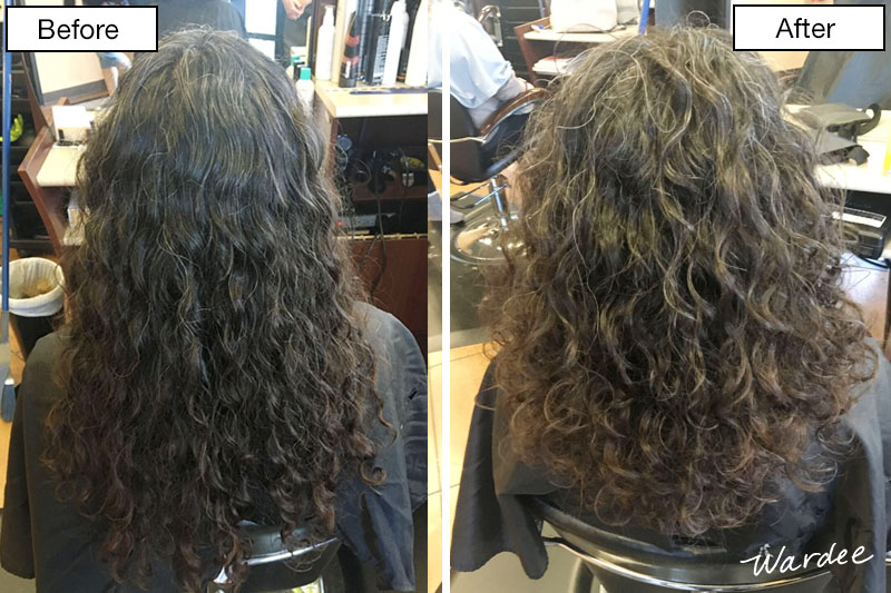 before and after shot of a woman with dark curly hair getting her hair cut