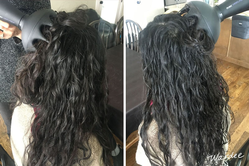 photo collage of a woman with dark curly hair getting her hair diffused dry