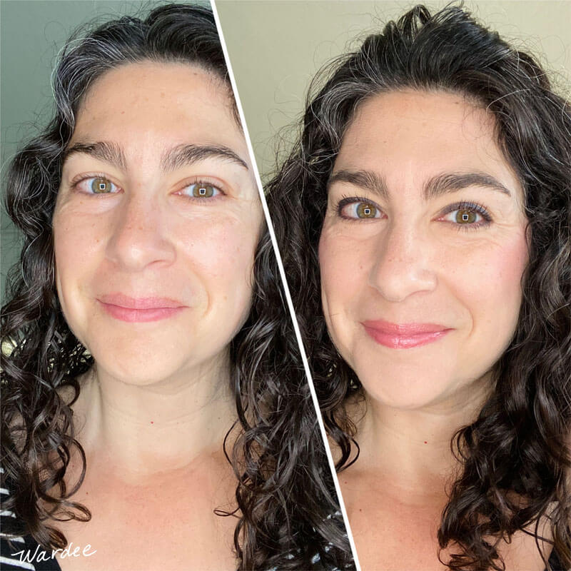 photo collage of a smiling woman before and after putting on makeup