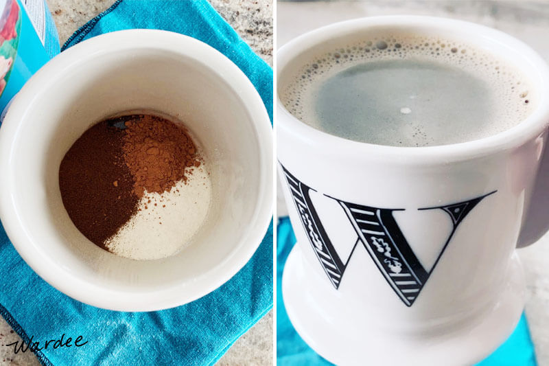 photo collage of a mug: photo at left shows a mostly empty mug with instant coffee alternative, cocoa powder, and collagen powder in the bottom; photo at right shows the same mug filled with warm water to make a hot chocolate-coffee beverage