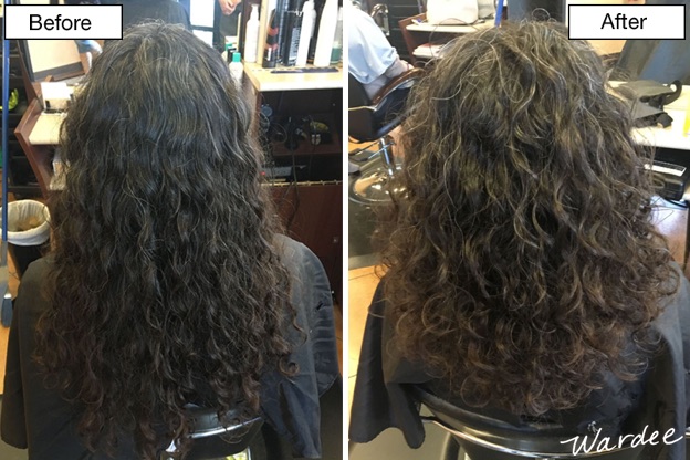 Before and after shot of a "deva cut" haircut.