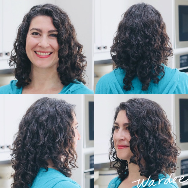 4 image collage of a woman with curly healthy hair.