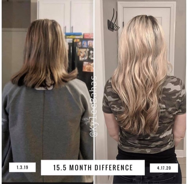 Before and after pictures of a woman with blonde hair 15.5 months apart. First image her hair is short and thin, second image her hair is long and healthy.