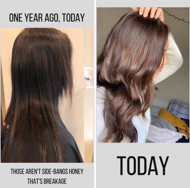 Before and after shot, one year apart, first image is of a woman with long brown hair that's broken in many places. Second image is of the same woman's long brown healthy hair with no breakage.