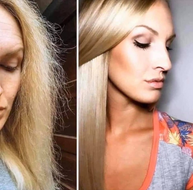 Before and after shot of a woman with blonde hair. First image her hair is frizzy with a lot of breakage, second image her hair is long, shiny and healthy with no breakage.