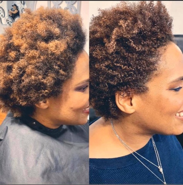 Before and after picture of a woman with short brown curly hair. First image is of her tangled curls, second image is of her defined curls.