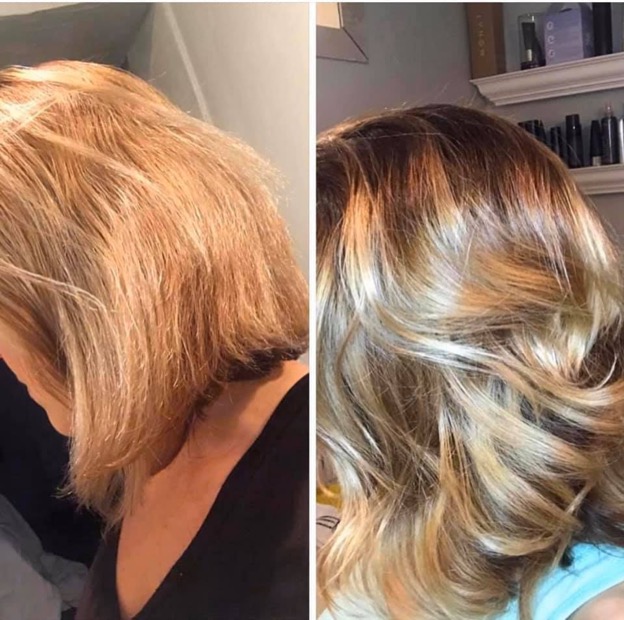 Before and after pictures of a woman's short blonde hair. First image shows dull hair with split ends, second image is of healthy hair.