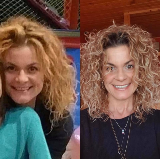 Before and after shot of a woman with shoulder length curly blonde hair. First image her curls are messy, second image her curls are smooth and perfect.