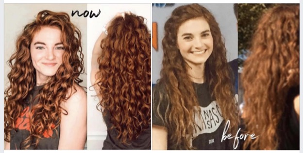 Four images of a girl with long curly auburn hair. First two images her hair is frizzy and her curls aren't defined. Updated images are of her curls that are healthy, defined and no frizz.