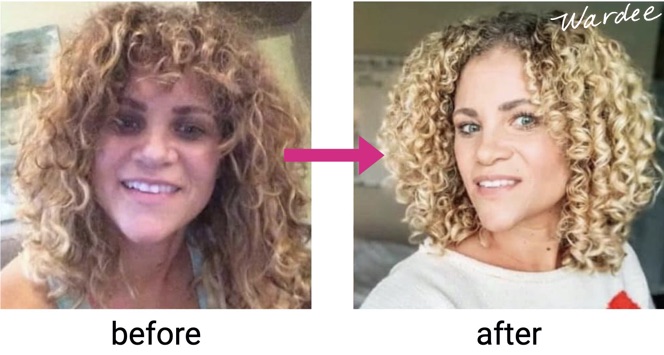 Two images of a young woman's before and after shot of her hair. First image her hair is frizzy with loose curls, the second image her curls are tight with no frizz.