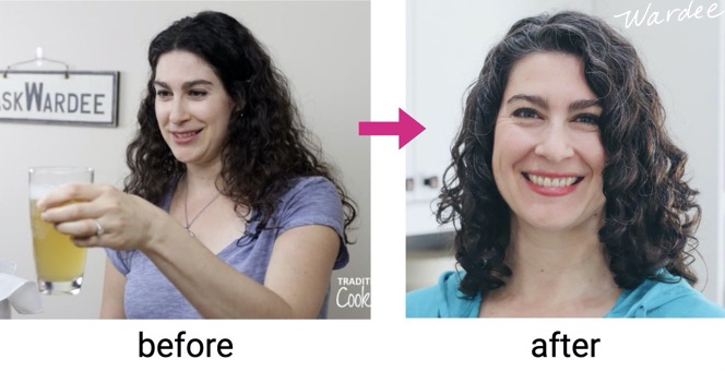 Two images of the same woman, first image is of her holding a glass of kombucha when she has long frizzy hair. Second image her hair is shorter and healthier without frizz.