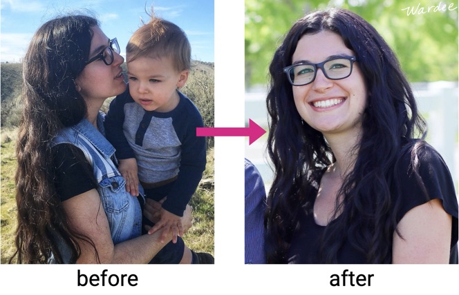 Two images "before and after". The first of a young woman holding a toddler, her hair is long and a little frizzy. Second image is of the same young woman with smooth curly hair.