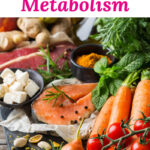 An array of healthy, nutrient-dense foods including seafood, fruits, and vegetables. Text overlay says: "How To Boost Your Metabolism (and increase energy levels!)"
