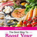 An array of healthy, nutrient-dense foods including seafood, fruits, and vegetables. Text overlay says: "The Best Way To Boost Your Metabolism & Energy Levels (no dieting or undereating!)"