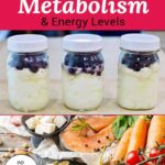 Photo collage of yogurt and blueberries in pint-sized glass jars, and an array of healthy, nutrient-dense foods including seafood, fruits, and vegetables. Text overlay says: "The Best Way To Boost Your Metabolism & Energy Levels (no dieting or undereating!)"