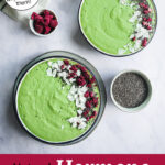 photo of brightly colored smoothie bowls, as a visual representation of what a healthy diet for hormone balance looks like. Text overlay says: "Natural Hormone Balancing For Women (all about female hormones & why we need them!)"