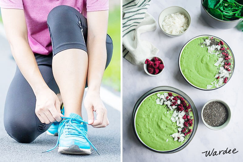 photo collage of a woman tying her shoes, and a brightly colored smoothie bowl as a visual representation of a healthy diet for hormone balance
