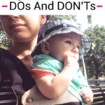 Photo of a mother and her baby on a park bench on a sunny summer day. They are in partial shade and the baby is wearing a sunhat. Text overlay says: "Safe Sunscreen DOs and DON'Ts (for adults, kids & babies!)"