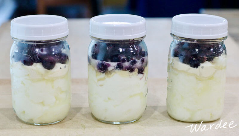 Three pint-sized glass jars of yogurt topped with blueberries.