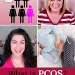 Photo collage of two women giving a video interview, and two stock images: a woman lying in pain on a couch holding her stomach, and a stick figure diagram showing 1 in 5 women. Text overlay says: "What Is PCOS? (Polycystic Ovarian Syndrome) & How To Treat It (70% of women undiagnosed)"