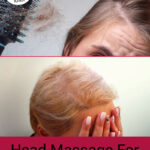 Photo collage of a woman with thinning hair covering her face with her hands, and another woman with a furrowed brow holding up a hair brush full of hair that has fallen out. Text overlay says: "Head Massage For Hair Growth (+types and causes of hair loss)"