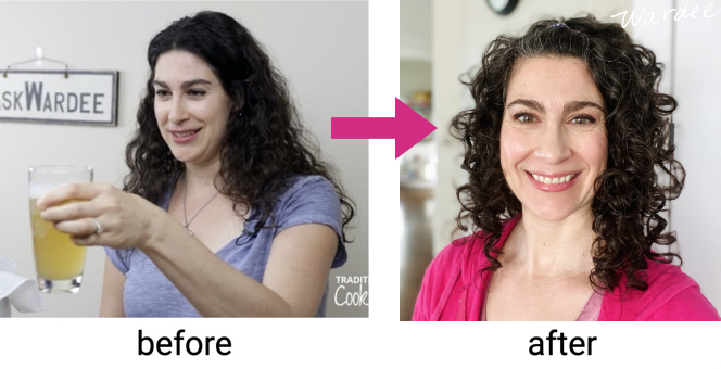 Two images of the same woman, first image is of her holding a glass of kombucha when she has long frizzy hair. Second image her hair is shorter and healthier without frizz.