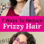 Photo collage of smiling woman with dark curly hair demonstrating how to use a diffuser and holding up a microfiber towel. Text overlay says: "7 Tips to Reduce Frizzy Hair (no frizz halo!)"