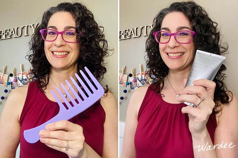 Photo collage of smiling woman with dark curly hair holding up a purple wide tooth comb and a bottle of conditioner.