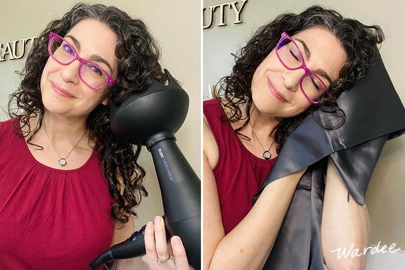 Photo collage of smiling woman with dark curly hair demonstrating how to use a diffuser and a silk pillowcase.