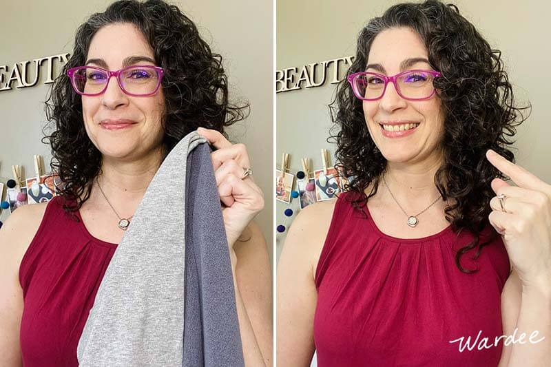 Photo collage of smiling woman with dark curly hair holding up a microfiber towel in one photo, and in the other photo she is pointing to her curls.