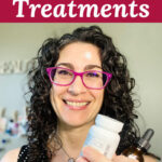 Photo collage of a smiling woman wearing pink glasses holding up various acne treatments. Text overlay says: "3 Best Natural Acne Treatments (+what causes acne)"