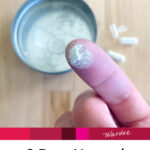 Close-up photo of white powder on a woman's fingertip. Text overlay says: "3 Best Natural Acne Treatments (spot treatment and all over!)"