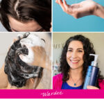 Photo collage of women's hair, including washing hair, a close-up of healthy scalp and hair; a woman holding up a bottle of clarifying shampoo; and a hand outstretched to catch a drizzle of shampoo. Text overlay says: "Restore Soft, Shiny Hair with Clarifying Shampoo (what to do if your hair is greasy, flat, frizzy or unruly)"