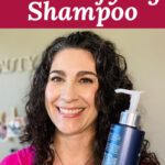 Photo of smiling woman with bottle of shampoo. Text overlay says: "Restore Soft, Shiny Hair with Clarifying Shampoo (+best routines for all hair types)"