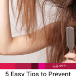 Brunette woman holding up her frizzy, dry hair in one hand, and a hairbrush full of hair in the other. Text overlay says: "5 Easy Tips to Prevent Bad Hair Days For Good! (+why bad hair days happen)"