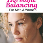 Close-up photo of a middle-aged woman looking pensive. Text overlay says: "Evidence-Based Hormone Balancing for Men and Women (how to detox & become more mineral replete)"