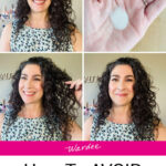 Photo collage of a smiling woman with dark curly hair. In one photo she is holding a quarter-sized dollop of hair gel in her palm. Text overlay says: "How to Avoid Crunchy Curls (how to use hair gel for soft, defined curls)"