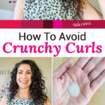 Photo collage of a smiling woman with dark curly hair demonstrating how to use a microfiber towel and diffuser. In one photo she is holding a quarter-sized dollop of hair gel in her palm. Text overlay says: "How to Avoid Crunchy Curls (how to use hair gel the best way)"