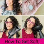 Photo collage of a smiling woman with dark curly hair demonstrating how to use a silk pillowcase and a hair diffuser. In one photo she is holding a quarter-sized dollop of hair gel in her palm. Text overlay says: "How to Get Soft, Bouncy Curls With Gel (7 tips for using gel to avoid crunchy curls)"