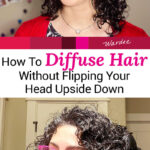 Before and after photos of a smiling woman diffusing her curly hair. Text overlay says: "How to Diffuse Hair Without Flipping Your Head Upside Down (neck-safe routine for bouncy curls!)"