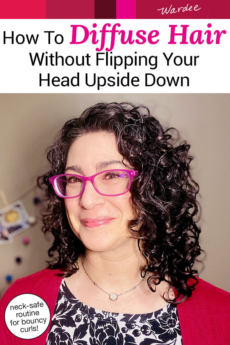 Smiling woman with curly hair and bright pink glasses. Text overlay says: "How to Diffuse Hair Without Flipping Your Head Upside Down (neck-safe routine for bouncy curls!)"
