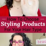 Photo collage of a woman holding up several hair styling products, including a dollop of gel on her palm. Text overlay says: "How to Choose Styling Products for Your Hair Type (curl cream vs gel)"