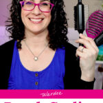 Photo of a smiling woman with curly hair, holding up various styling brushes. Text overlay says: "Brush Styling Curly Hair (for tighter, longer-lasting defined curls!)"