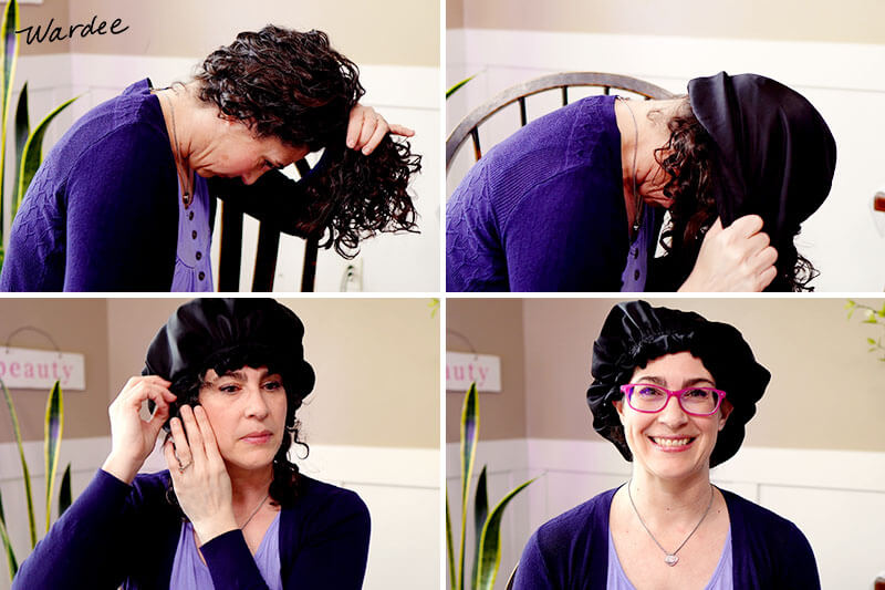Photo collage of a woman demonstrating how to put on a silk bonnet for protecting curly hair while sleeping.