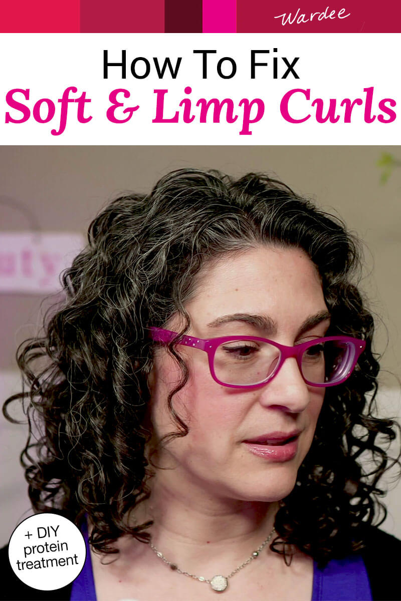 Photo of a woman with curly hair. Text overlay says: "How to Fix Soft & Limp Curls (+DIY protein treatment)"