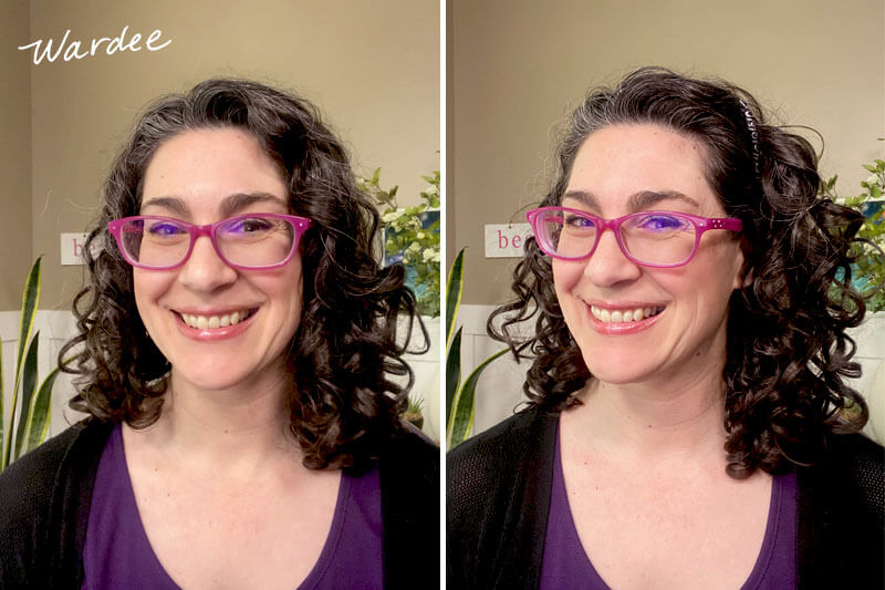 Photo collage of a woman with curly hair. In the first photo, her curls are more flat at the roots. In the second photo, she has added a type of headband to get more volume at her roots.