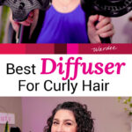 Photo collage of a smiling woman holding up two different models of hair diffusers. Text overlay says: "Best Diffuser for Curly Hair (pro/con list of 2 hair dryer + diffuser combos!)"
