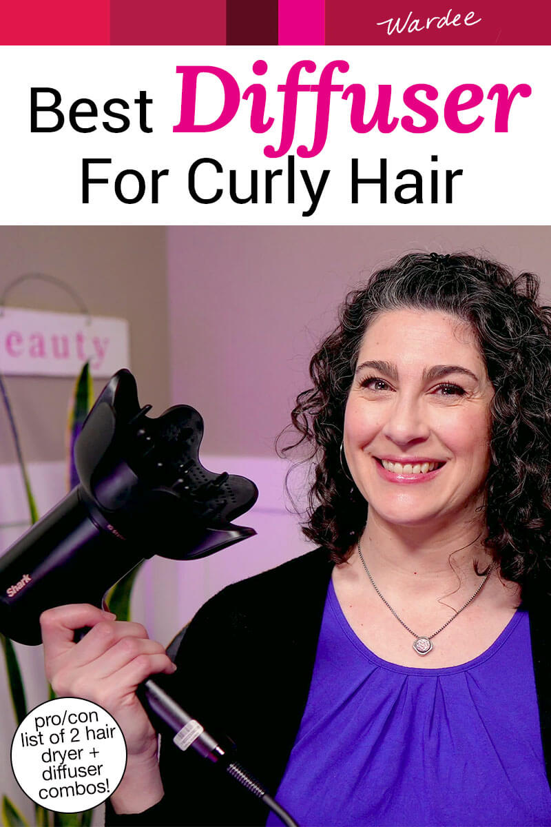 Photo of a smiling woman holding up a black hair diffuser. Text overlay says: "Best Diffuser for Curly Hair (pro/con list of 2 hair dryer + diffuser combos!)"
