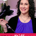 Photo of a smiling woman holding up a black hair diffuser. Text overlay says: "Which Diffuser to Buy? (photo + video comparisons of dryers & diffusers)"