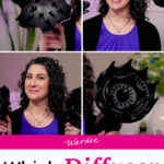 Photo collage of a smiling woman holding up two different models of black hair diffusers. Text overlay says: "Which Diffuser to Buy? (photo + video comparisons of dryers & diffusers)"